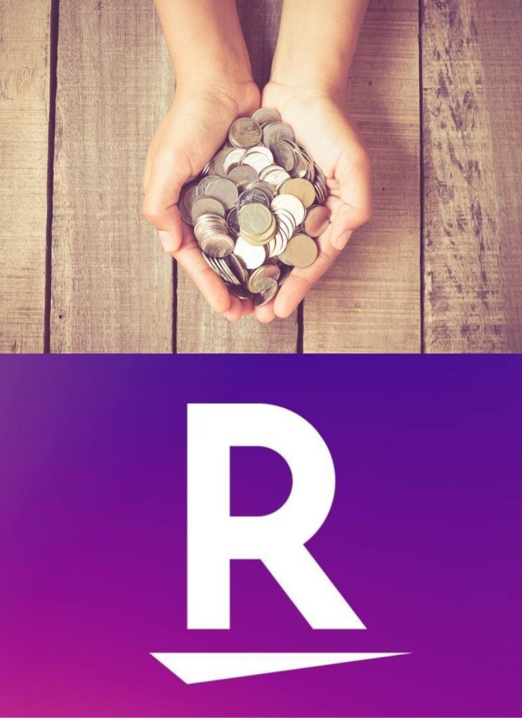 hands holding coins and Rakuten logo