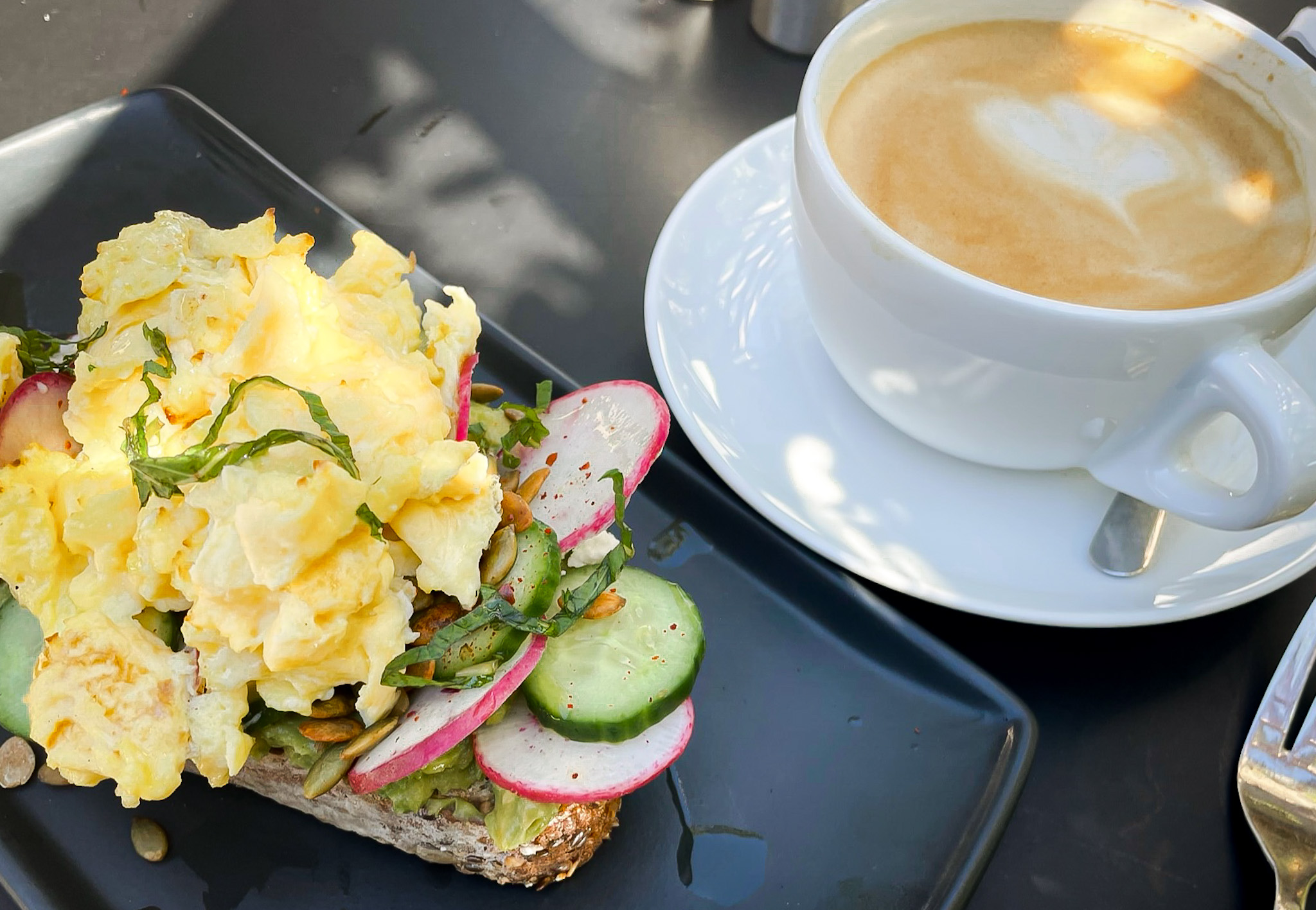 Avocado toast with egg and salted honey lavender latte from Southside restaurant Yountville