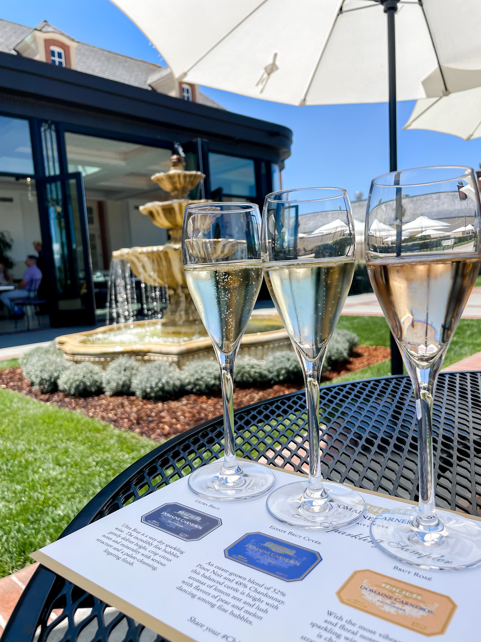 Glasses of champagne at Domaine Carneros winery in Napa
