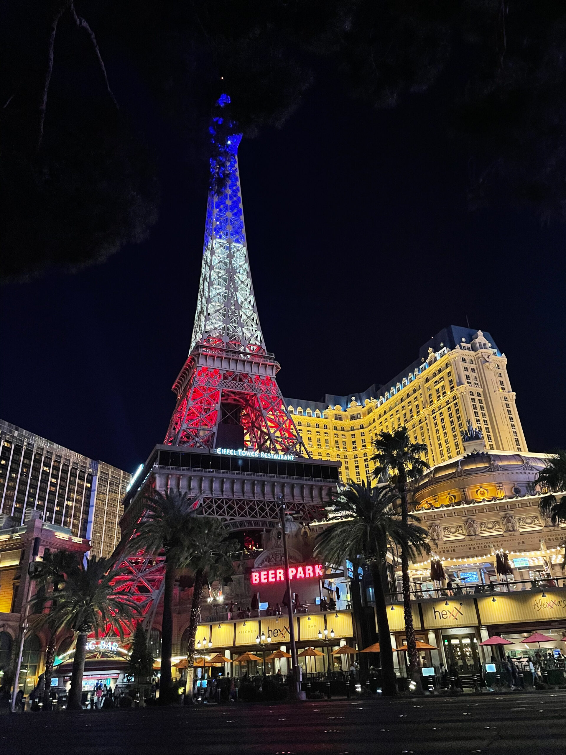 Las Vegas Paris Hotel Lit Up at Night in Red, White and Blue