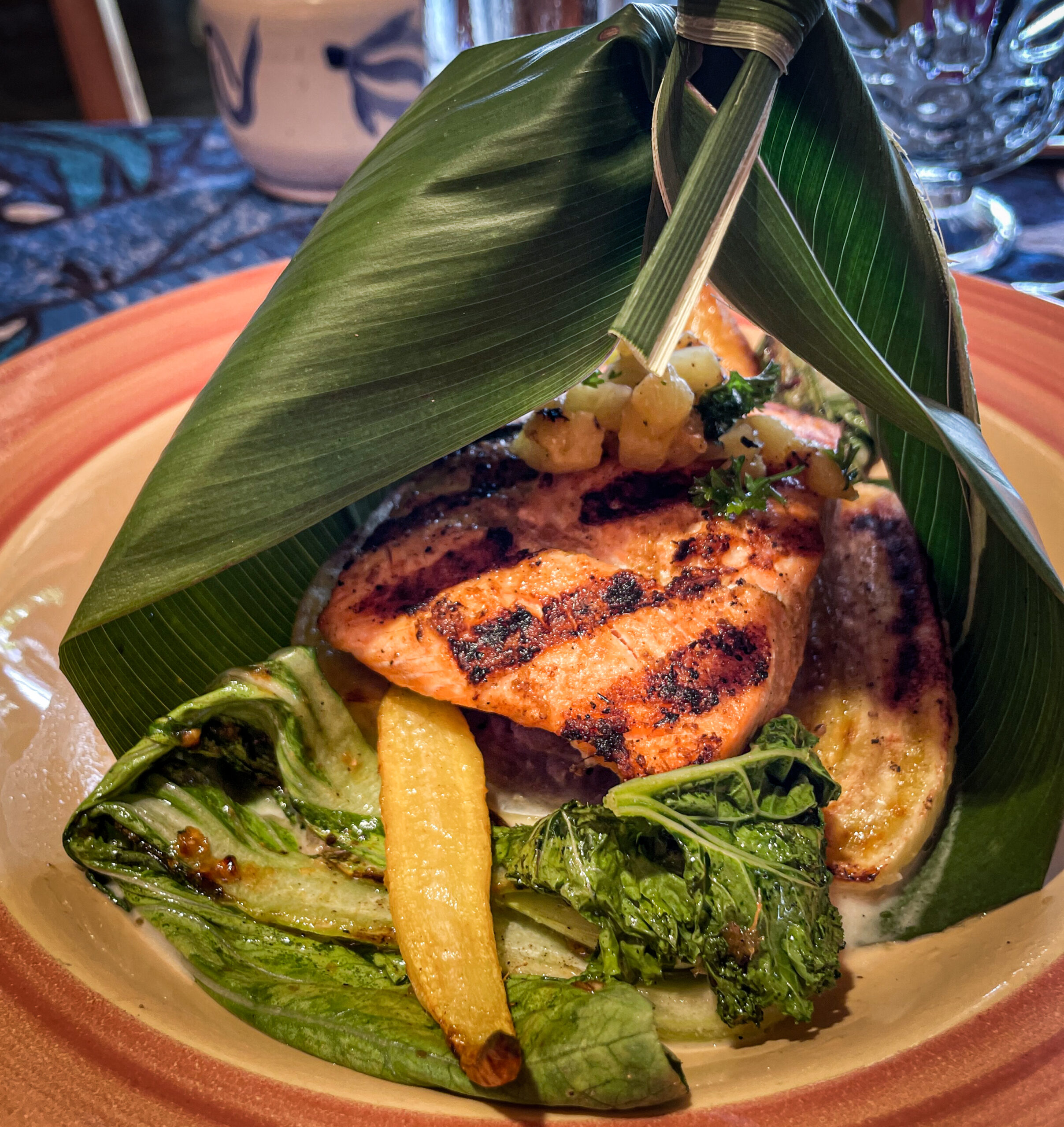 New Zealand Salmon with Banana and Charred Maui Gold Pineapple from Mama's Fish House in Maui, Hawaii.