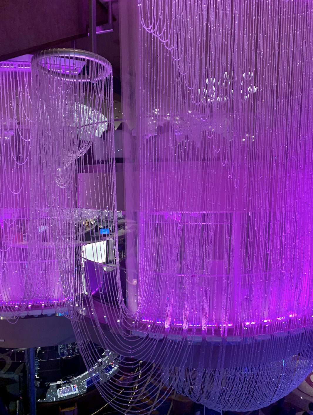Chandelier Bar purple lights and jewels at the Cosmopolitan in Las Vegas. 