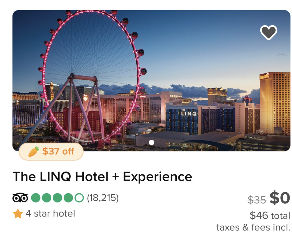 Screenshot of Hopper app LINQ hotel deal for $0