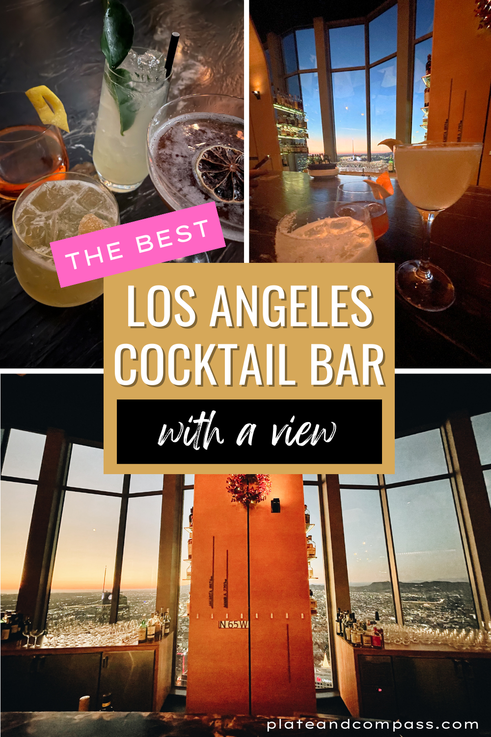 Pinterest image of drinks and view from th 71 above bar