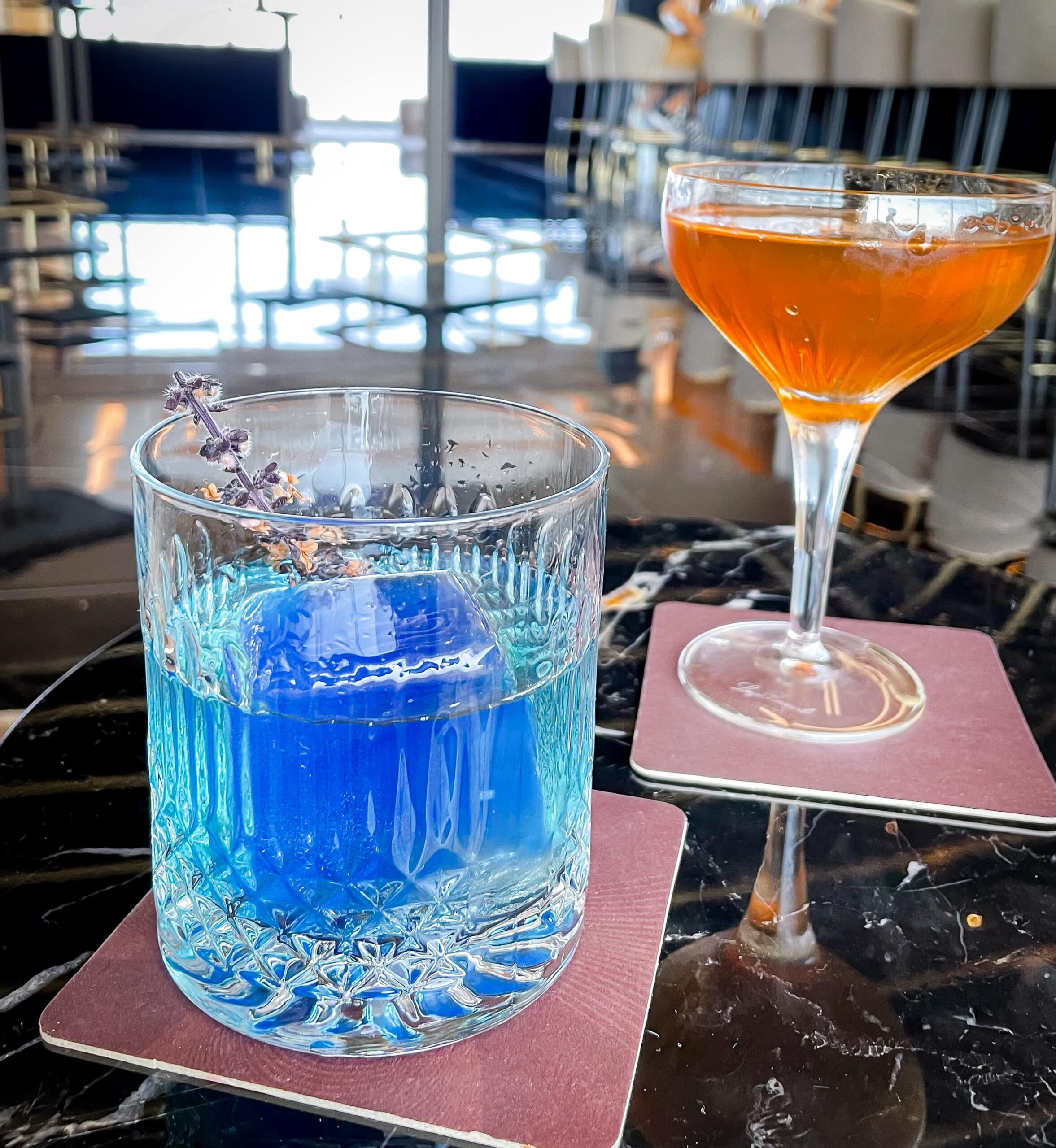 Two cocktails at the Legacy Club bar