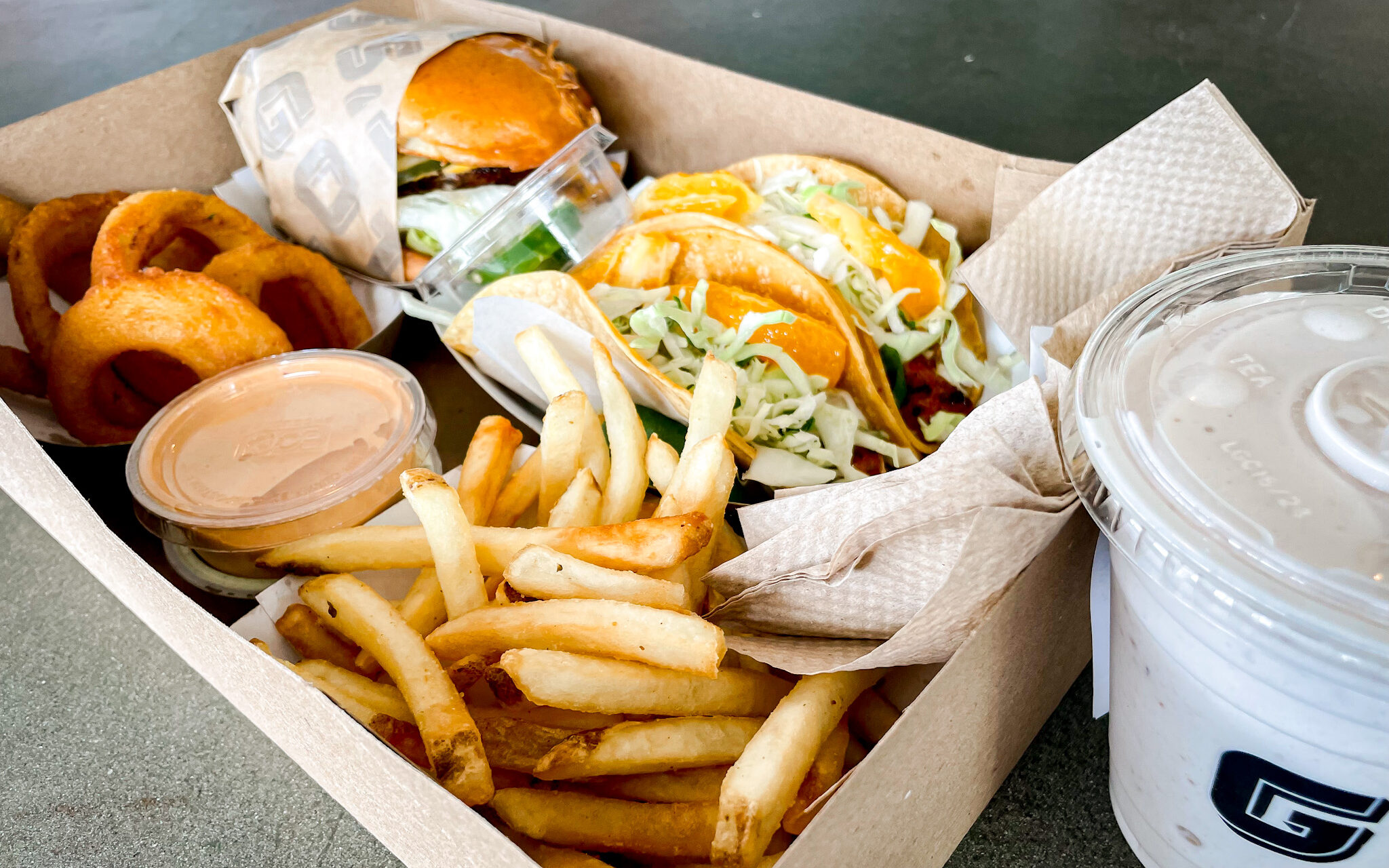 Burger, tacos, fries and onion rings from Gott's Roadside Napa