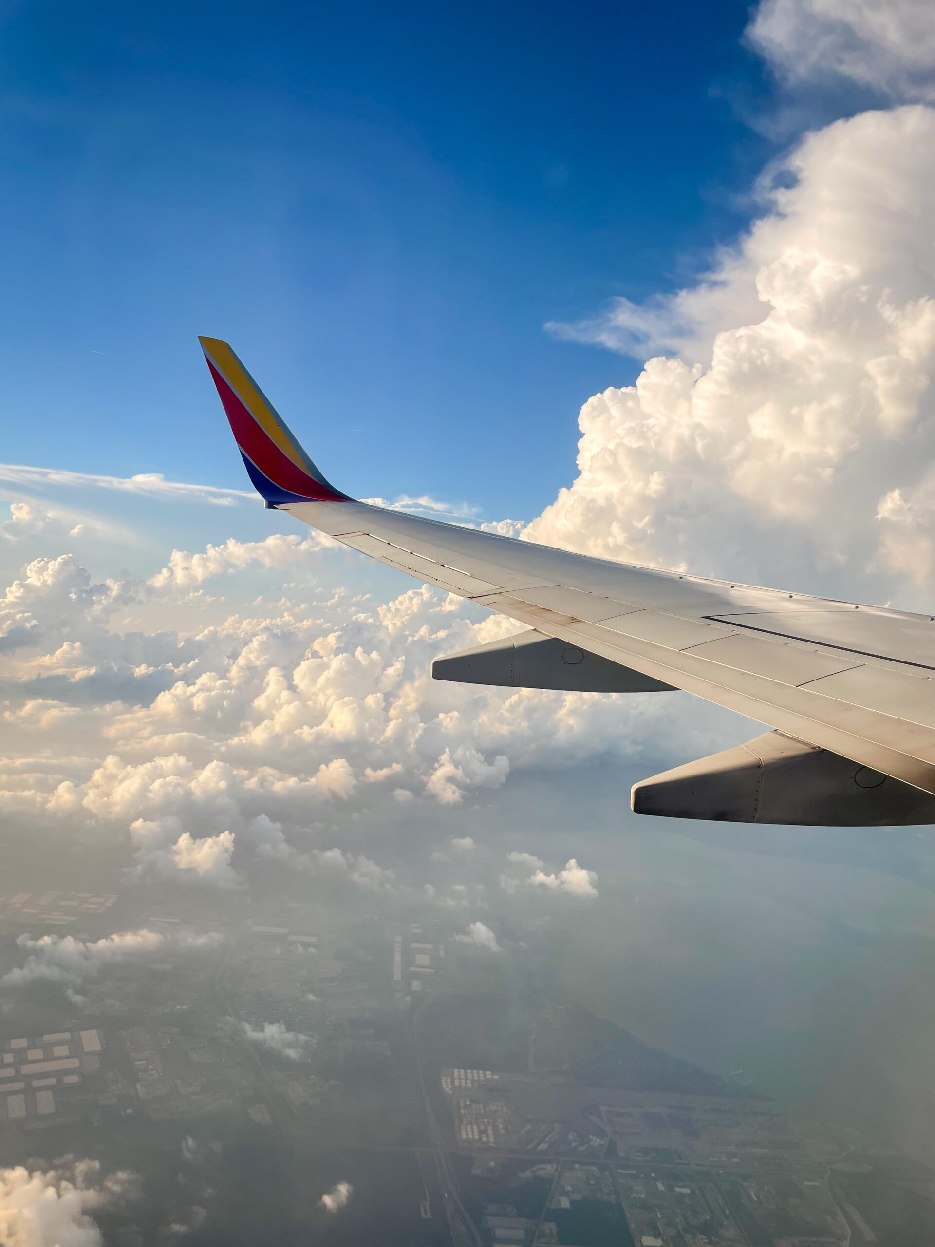 Southwest airplane in the clouds view from inside