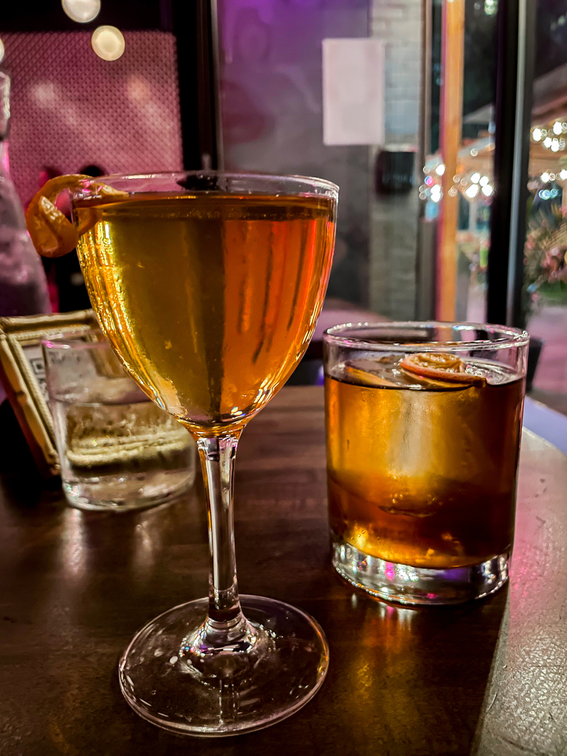 Two whiskey drinks from Pink Rabbit in Portland