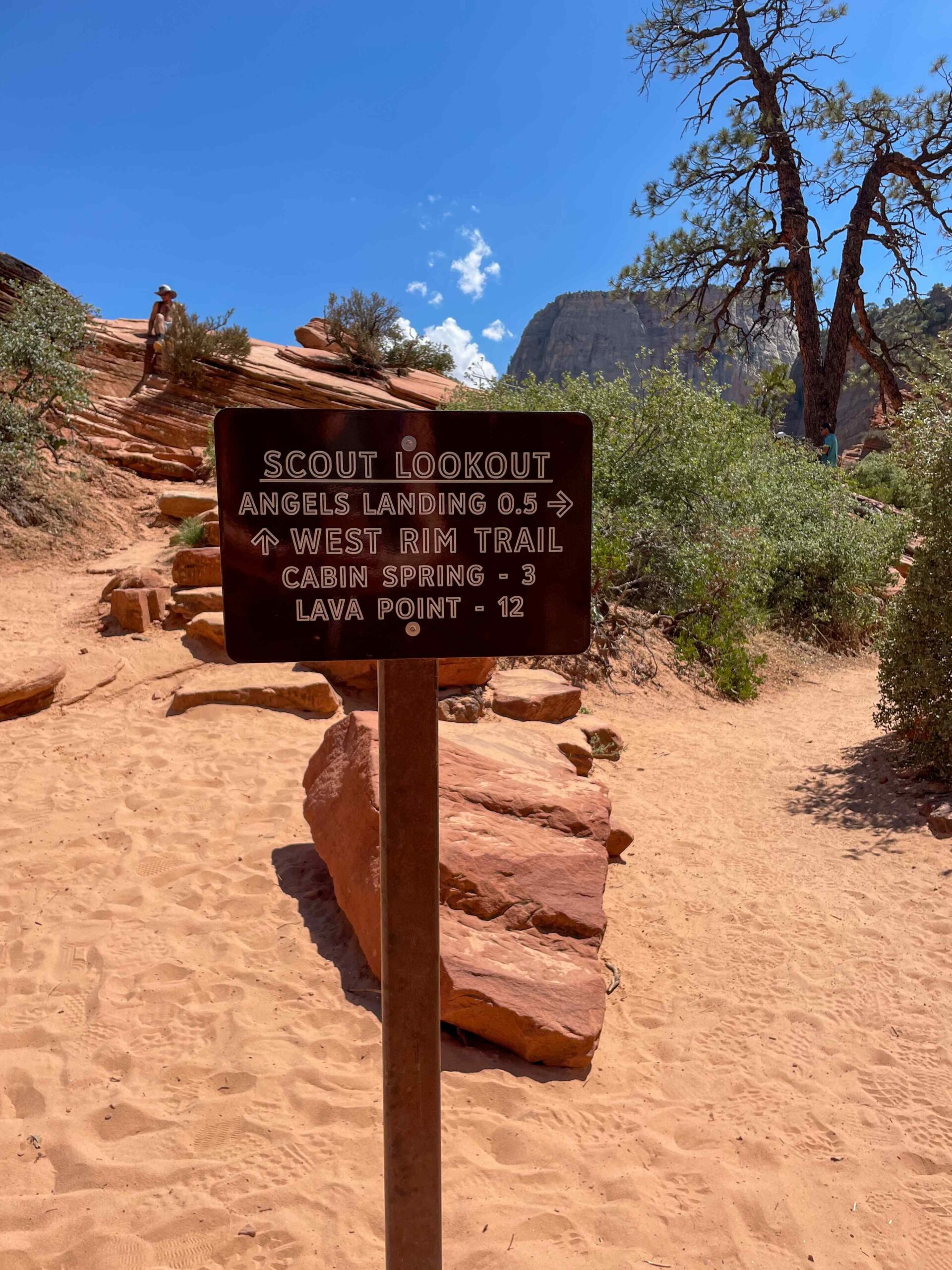 Scout Lookout sign visible while hiking Angels Landing and the West Rim Trail