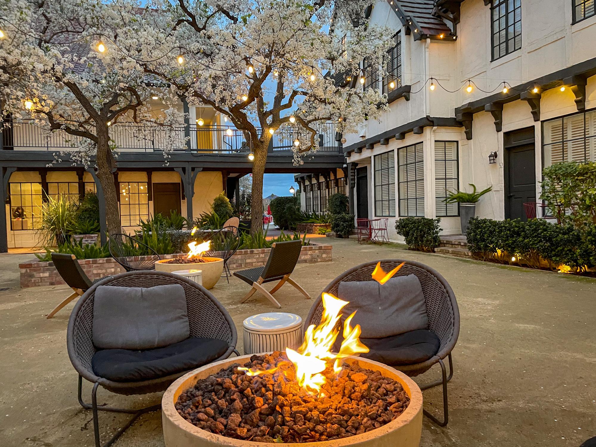 Fire pit in the courtyard at the Landsby Hotel