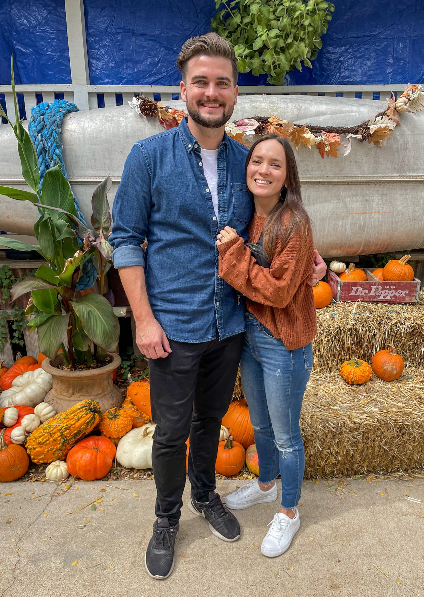 Man and woman posing at Float In New Braunfels pumpkin patch
