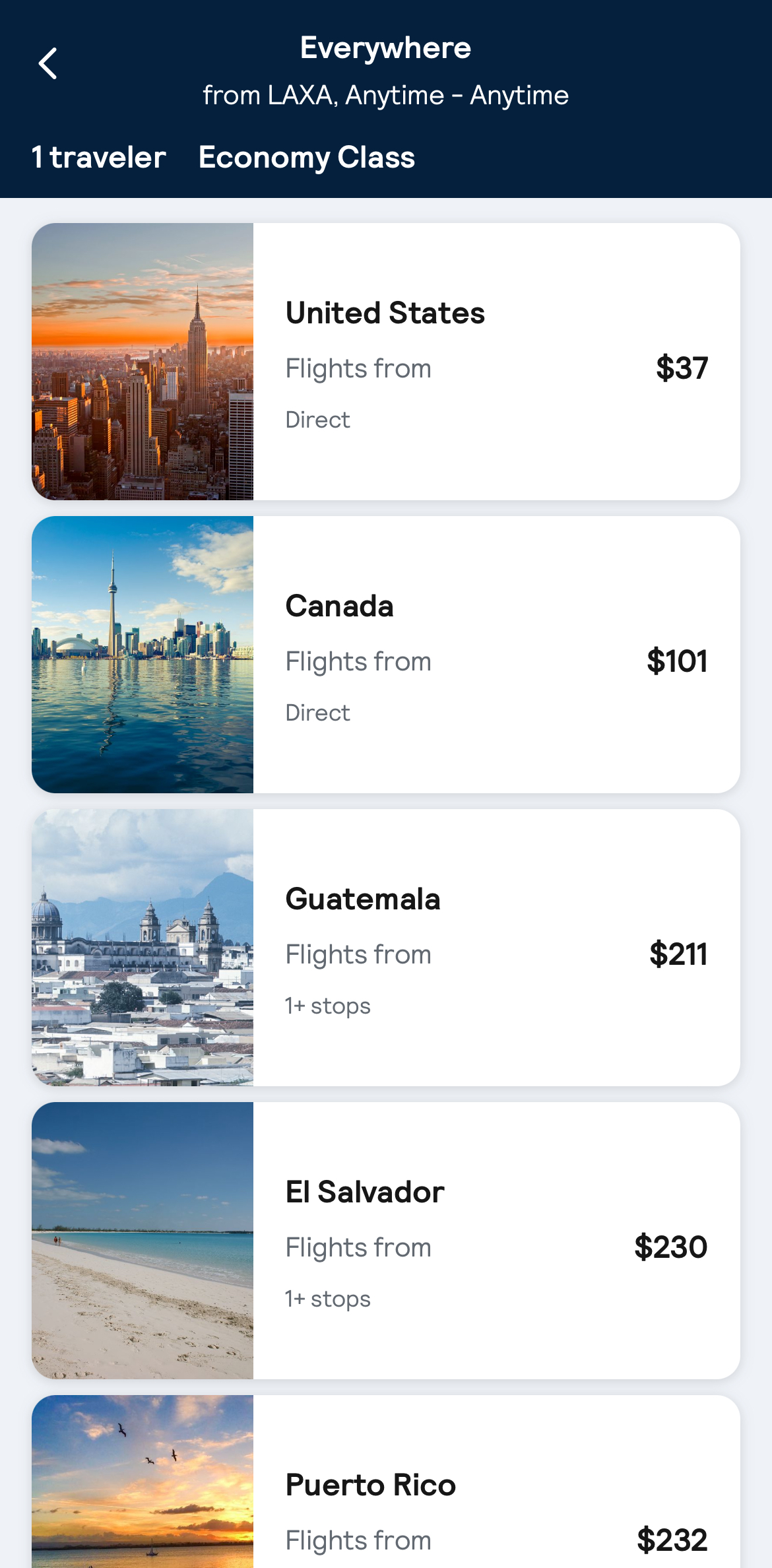 screenshot of the SkyScanner travel app showing flights starting at $37 in the US from LAX