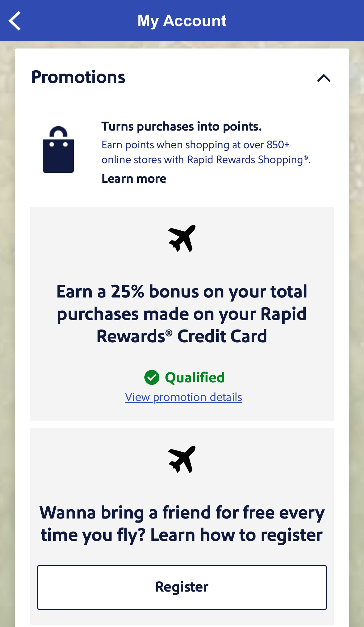 Screenshot of the Southwest mobile app promotions