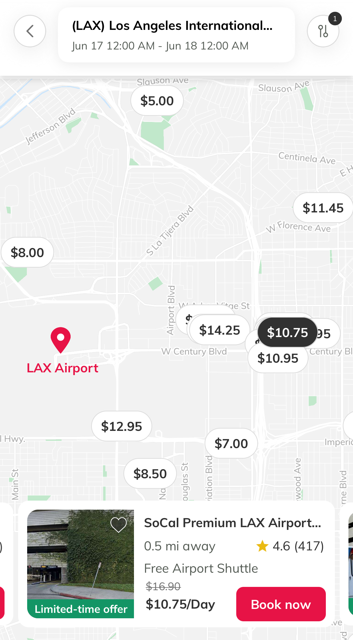 Screenshot of the Way travel app showing discounted parking near LAX