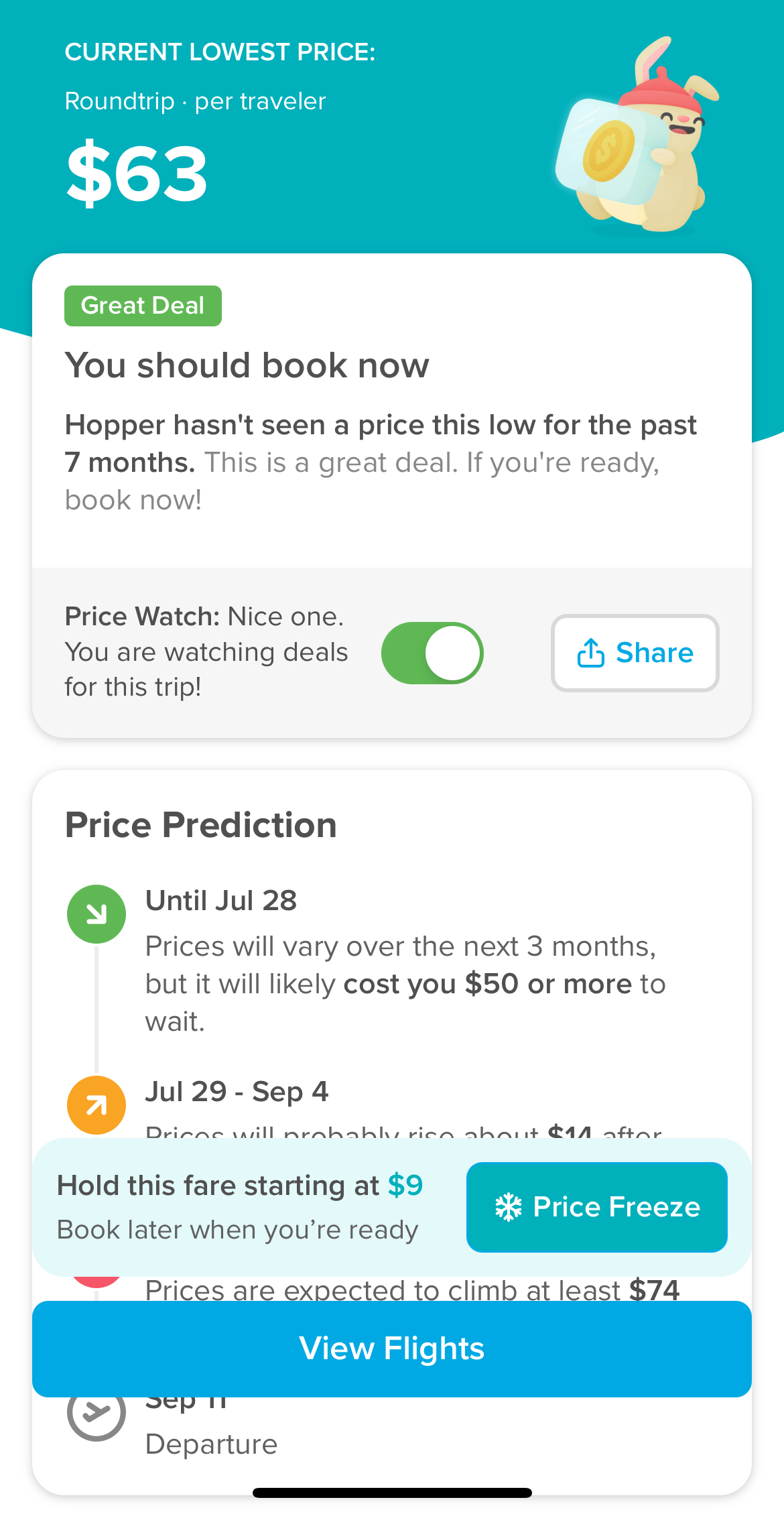 example of a deal from hopper, screenshot of the app