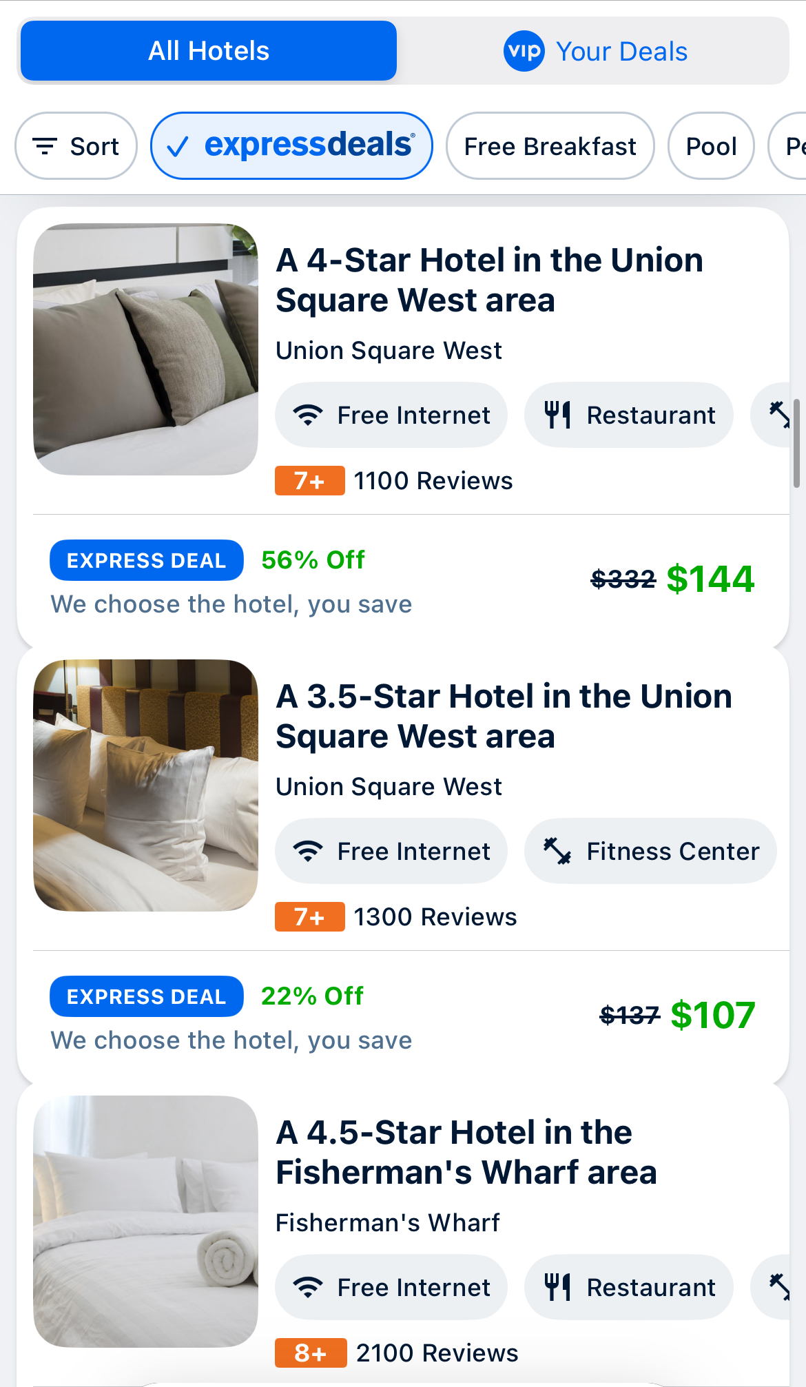 Screenshot of the Priceline app Express Deals showing a 4 star hotel in the Union Square area for $144 instead of $332