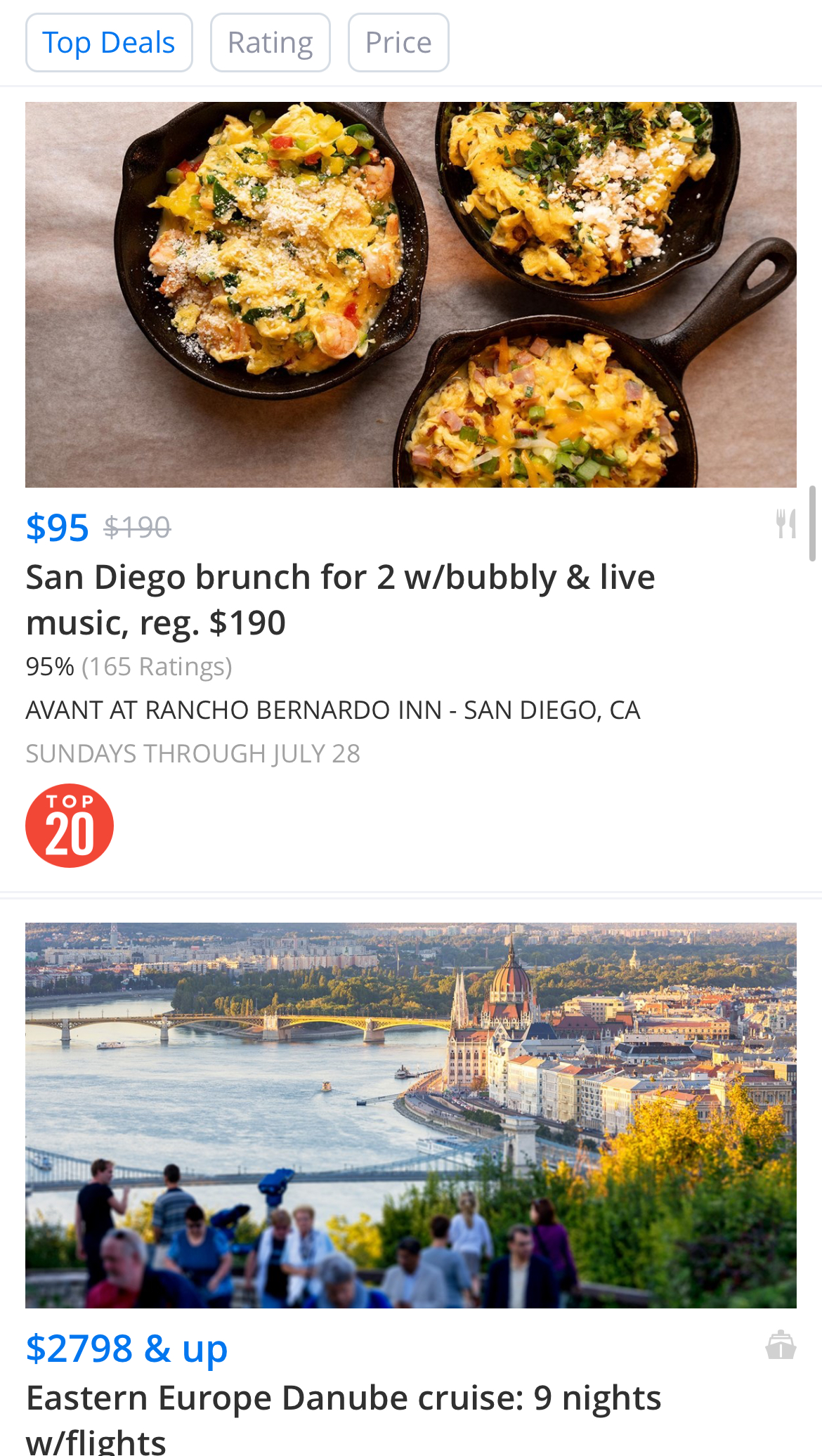 Screenshot of the TravelZoo travel app local deals including a San Diego brunch for 2 at $90 instead of $190