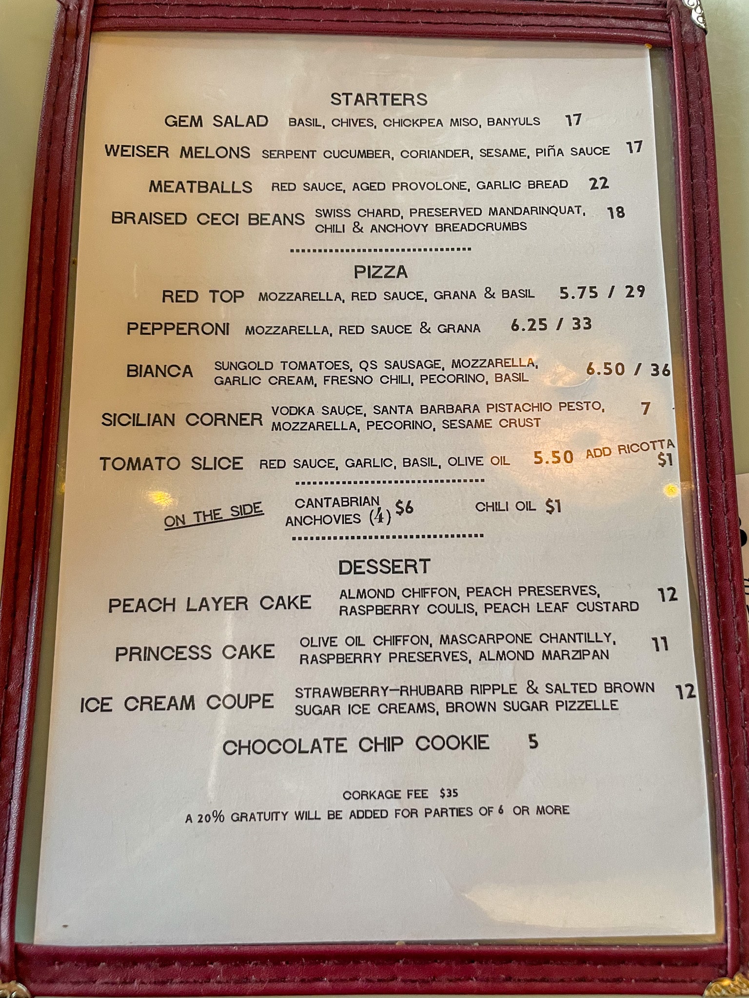 Quarter Sheets Pizza Menu