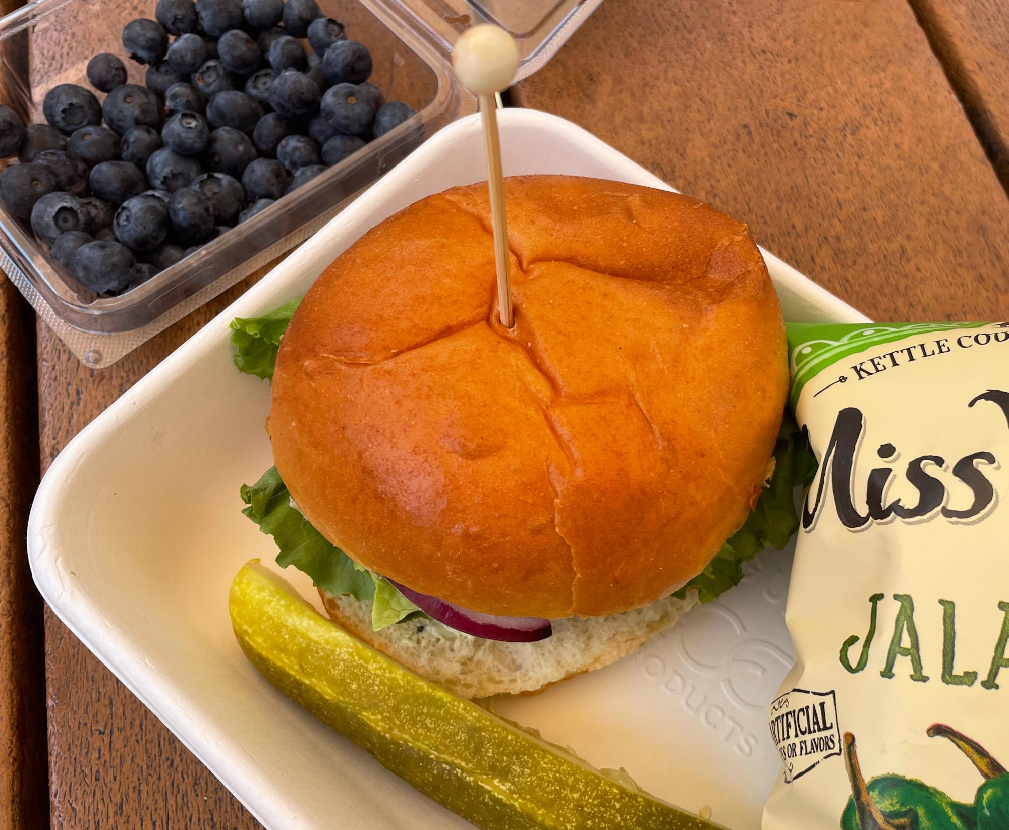 Sandwich, chips and blueberries