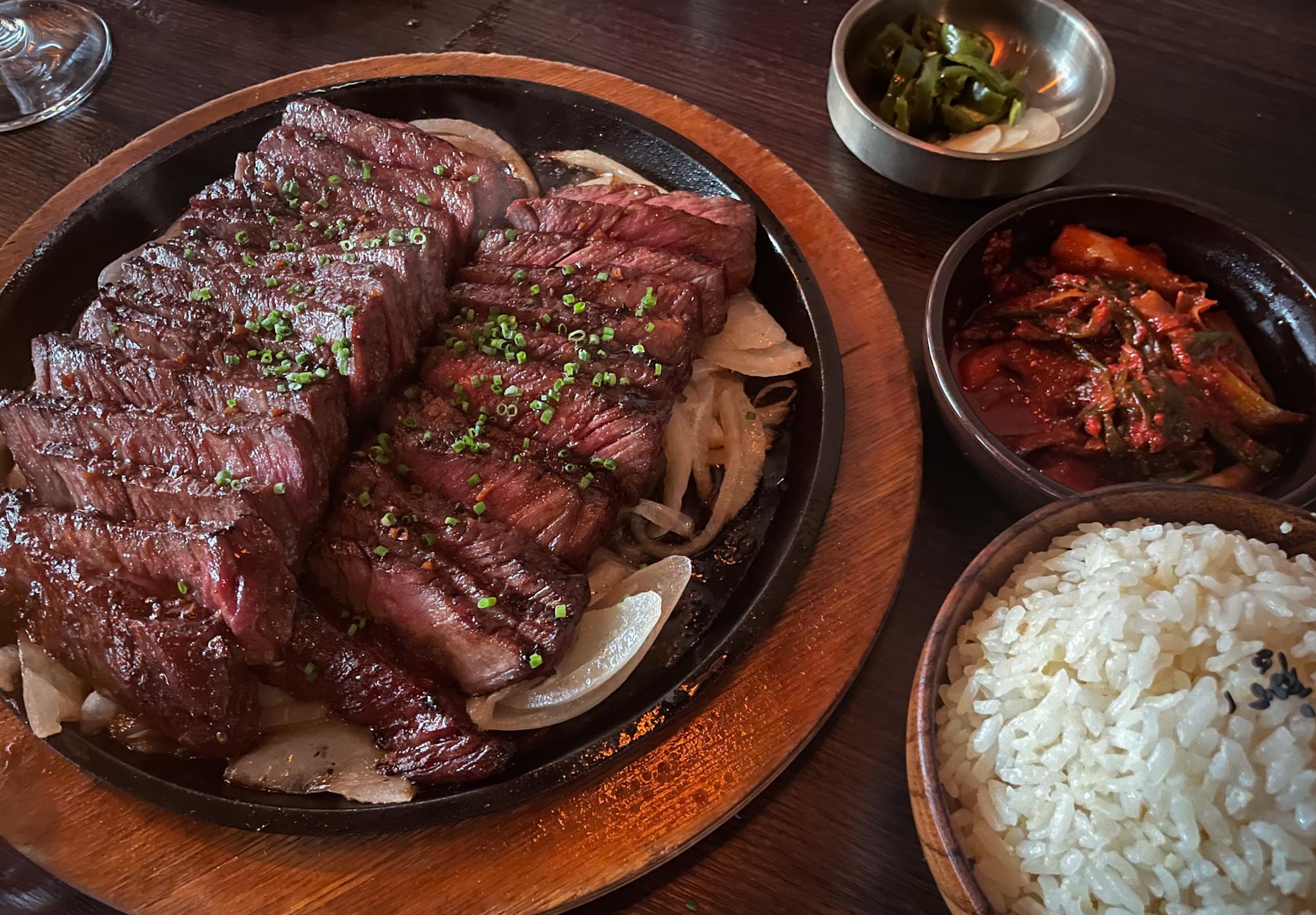 Zabuton grilled wagyu beef with garlic rice and sides