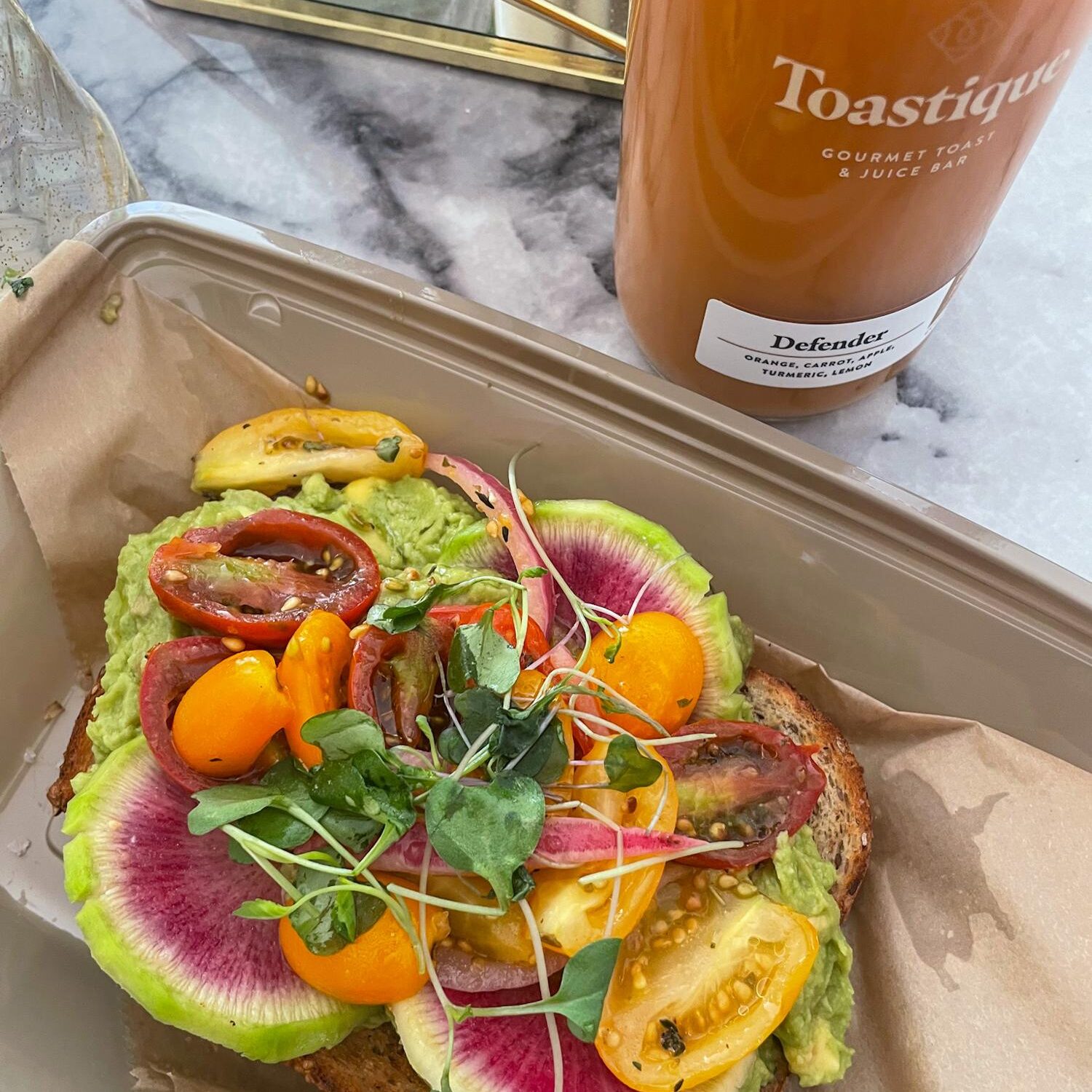 Avocado Toast and juice from Toastique